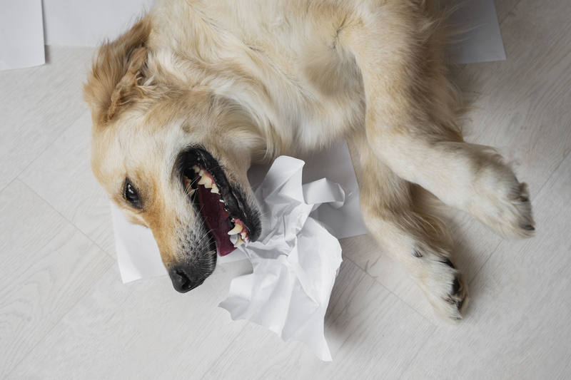 top-view-dog-playing-with-paper-home-eating-paper