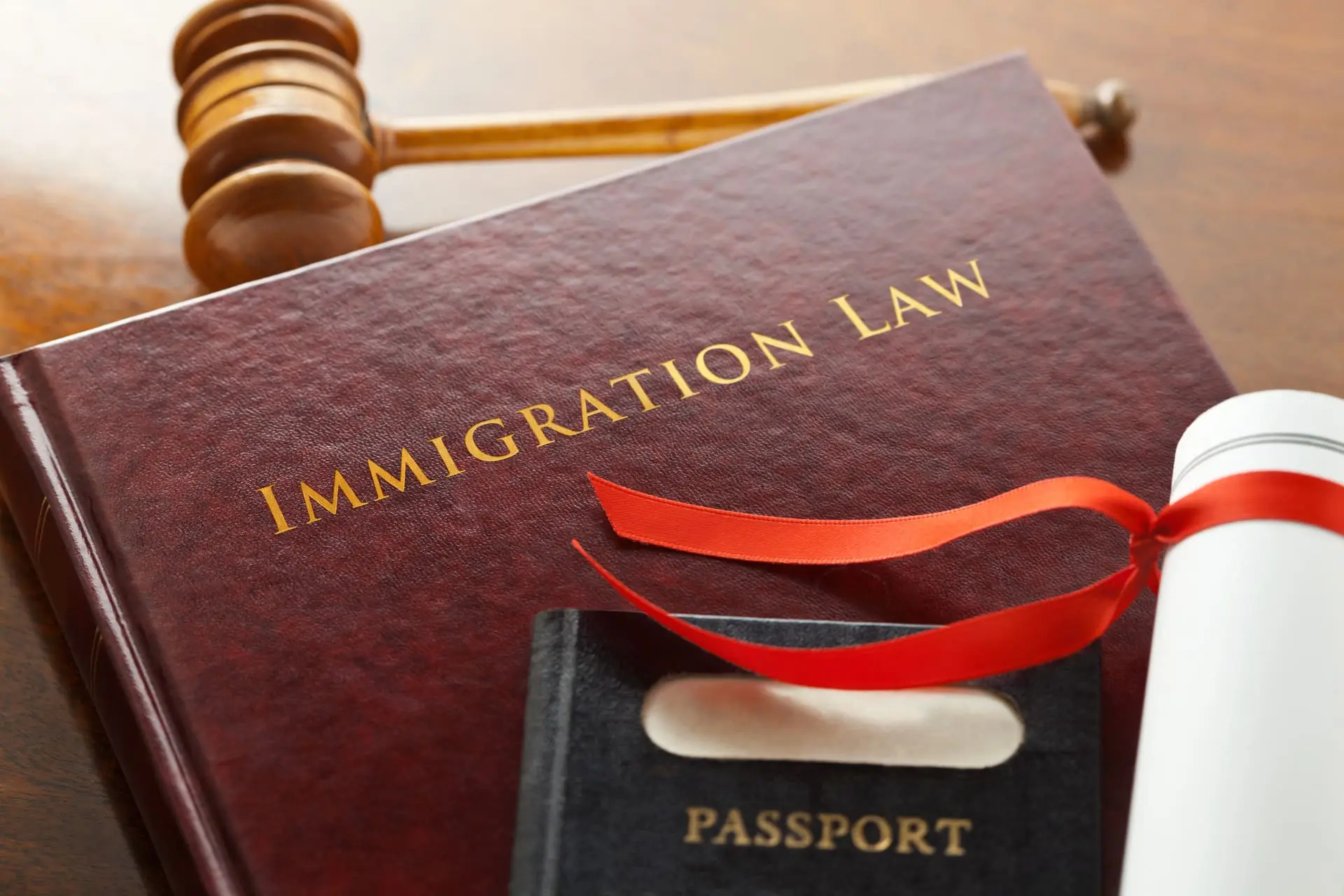 Immigration Law book, gavel, passport, and certificate.